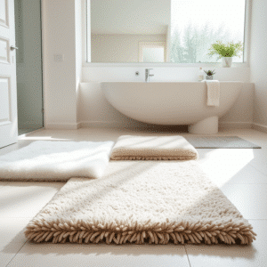 three bath mats on a modern bright uk bathroom floor showing different textures