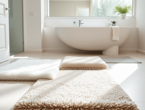 three bath mats on a modern bright uk bathroom floor showing different textures