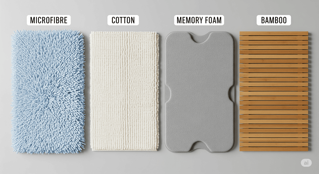 Flat lay comparison of four bath mats: microfibre, cotton, memory foam, and bamboo. Each mat labeled clearly, placed side-by-side on a neutral background. Clean lighting and soft shadows to highlight texture differences.