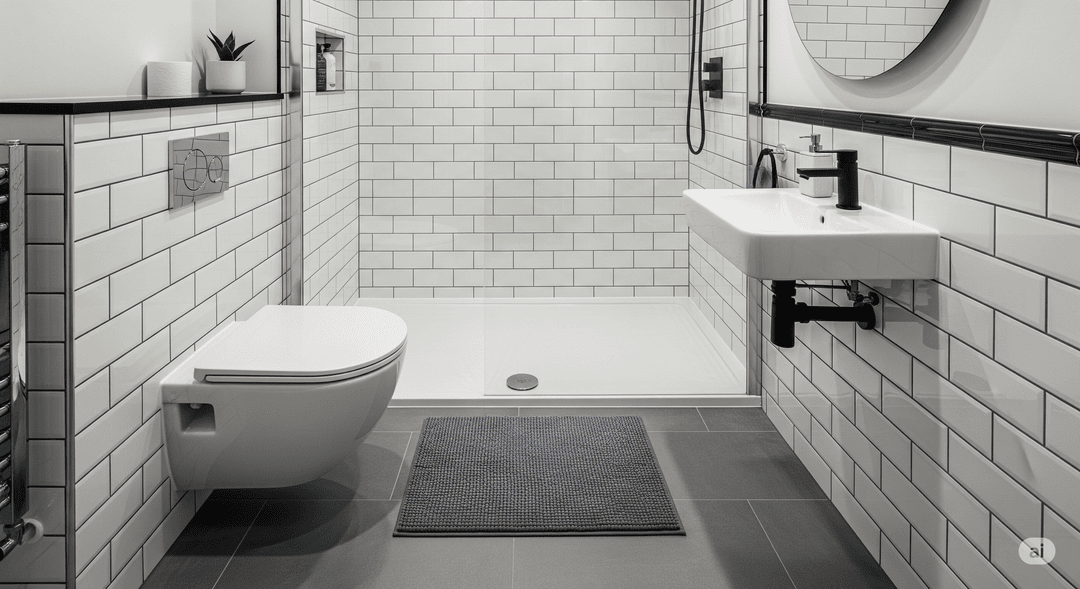 A compact UK-style bathroom with a small, rectangular microfibre bath mat placed outside a shower. Grey or navy tones, white tiles, and minimalistic fixtures. Emphasis on how the mat fits perfectly without clutter.