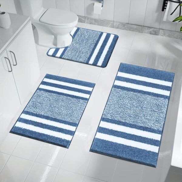 3 Pieces Luxury Bath Mat And Pedestal Mat Set Blue