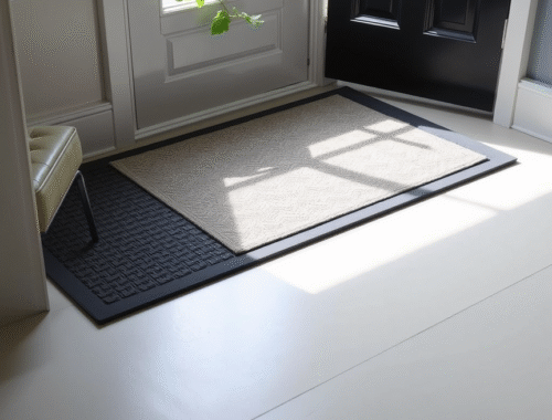 entryway with dark grey rubber mat under patterned accent mat, bright and stylish