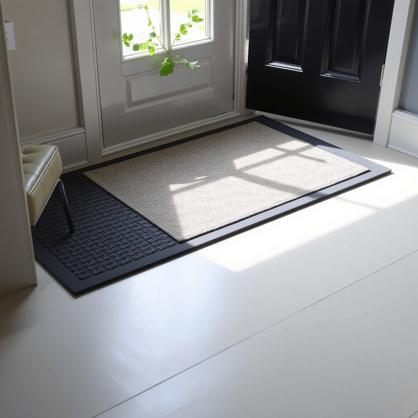 entryway with dark grey rubber mat under patterned accent mat, bright and stylish