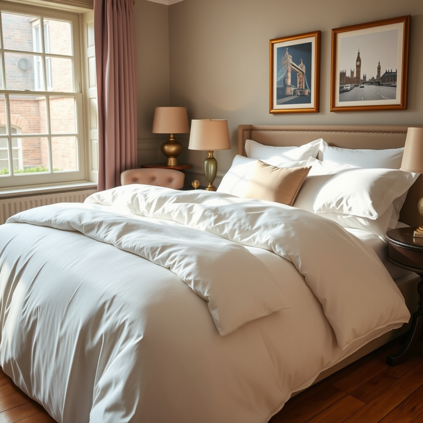 luxurious bedroom with white Egyptian cotton bedding and british-inspired decor