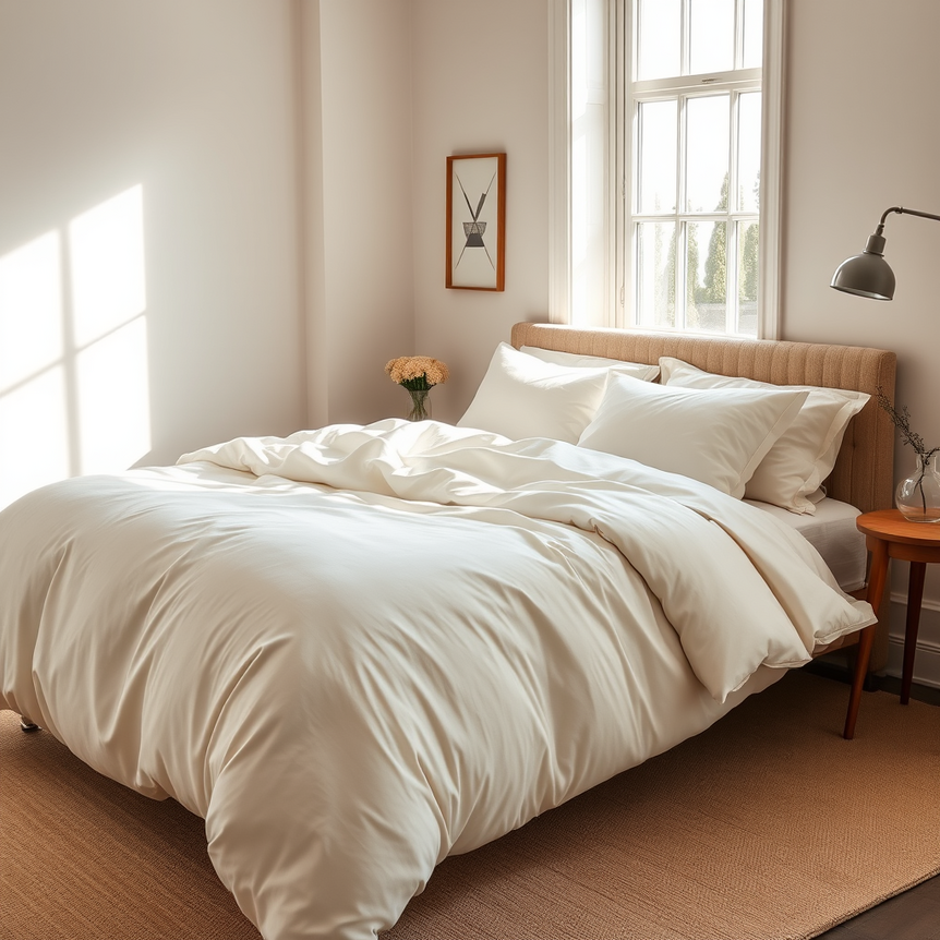 A beautifully made bed with a luxurious, soft duvet in a stylish bedroom, suggesting premium comfort and quality.