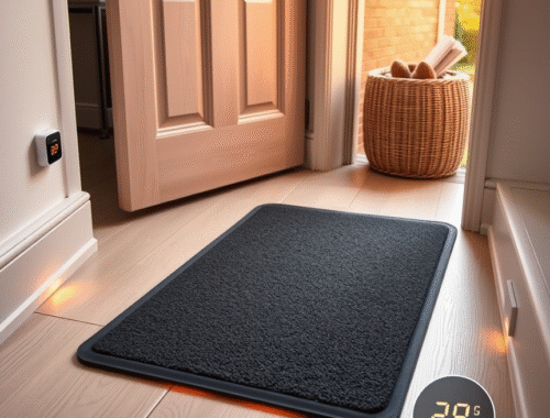 modern entryway with warm underfloor heating and a stylish rubber-backed door mat