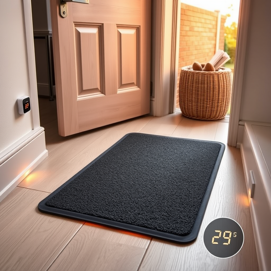 modern entryway with warm underfloor heating and a stylish rubber-backed door mat