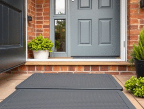 Durable rubber or synthetic outdoor mat at a UK home entrance under an overcast sky, showcasing weather resistance.