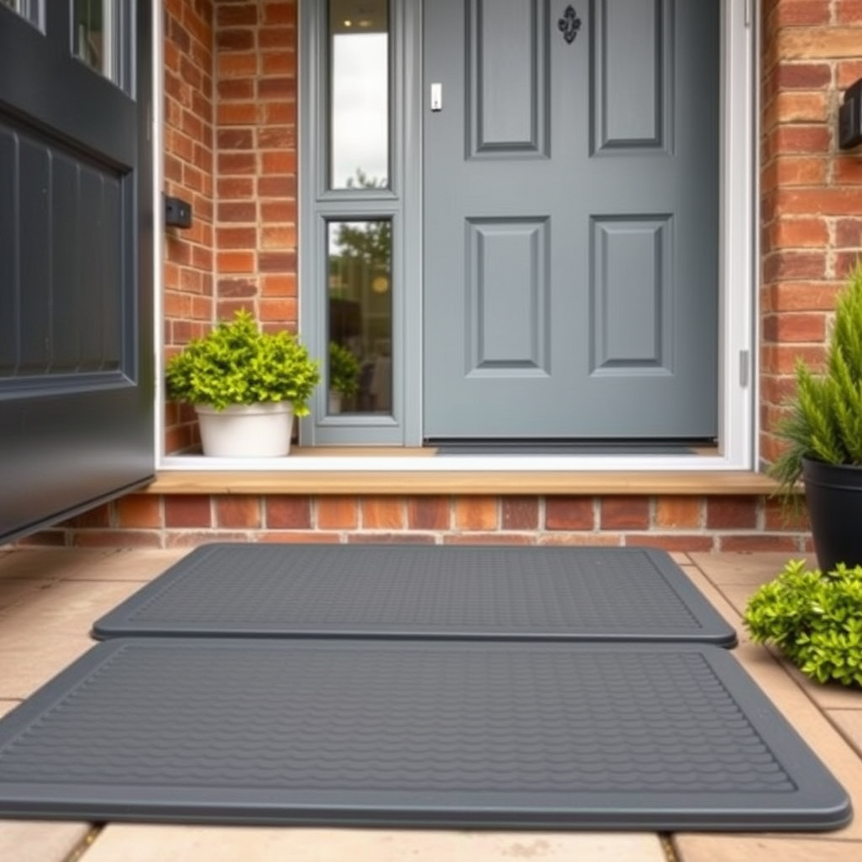 Durable rubber or synthetic outdoor mat at a UK home entrance under an overcast sky, showcasing weather resistance.