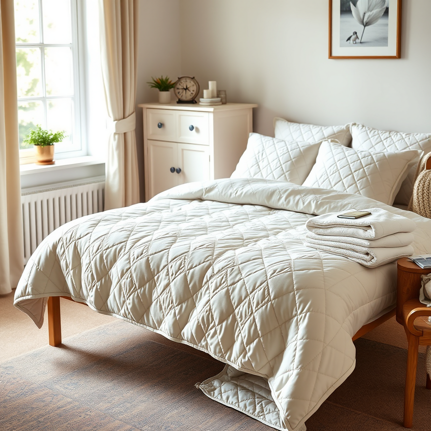 A beautifully maintained quilt bedspread on a bed in a cosy UK bedroom, highlighting cleanliness and comfort.