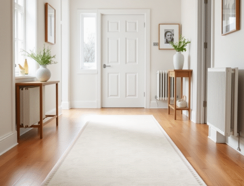 A perfectly sized neutral hallway runner in a modern UK home, showing ideal spacing from walls and stylish decor.