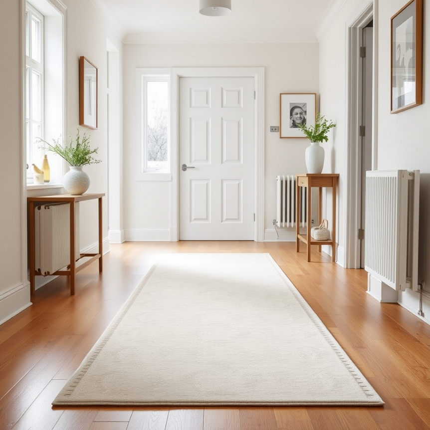 A perfectly sized neutral hallway runner in a modern UK home, showing ideal spacing from walls and stylish decor.
