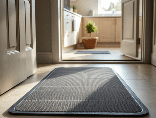 A non-slip rubber mat, clean and well-maintained, in a typical UK home setting, perhaps an entryway or kitchen. The image should convey cleanliness, safety, and durability, with soft, natural lighting. Focus on the mat's texture and its integration into a modern UK home aesthetic.