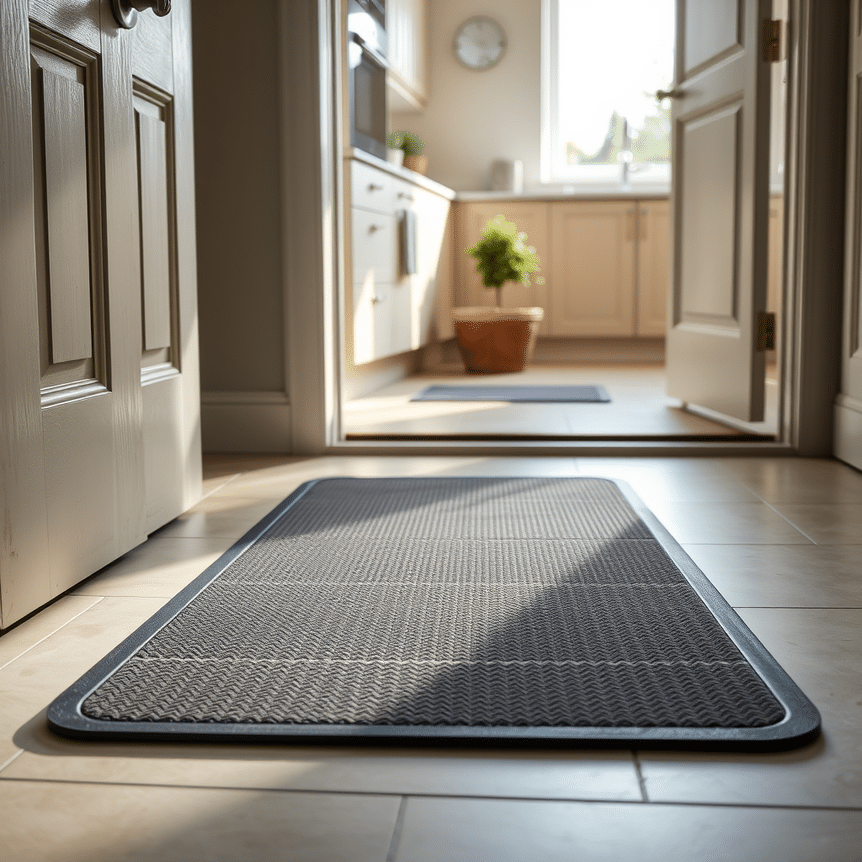 A non-slip rubber mat, clean and well-maintained, in a typical UK home setting, perhaps an entryway or kitchen. The image should convey cleanliness, safety, and durability, with soft, natural lighting. Focus on the mat's texture and its integration into a modern UK home aesthetic.