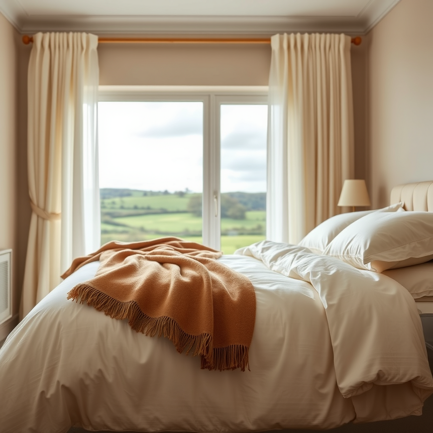 luxurious bedroom with high-thread-count Egyptian cotton duvet and soft seasonal touches