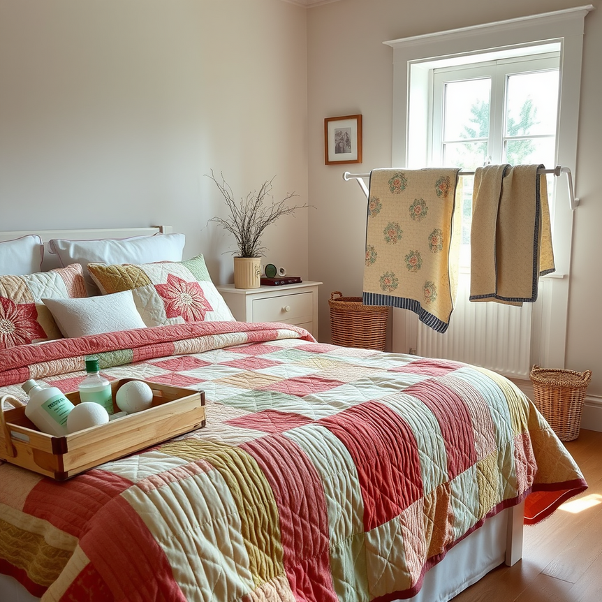 cozy bedroom with quilt bedspread set and fabric care items in natural light