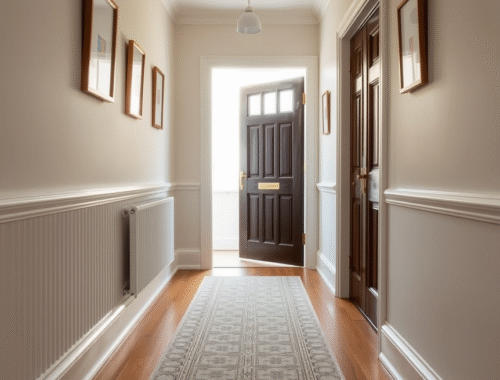 modern uk hallway with taupe runner rug, dado rail, and traditional front door