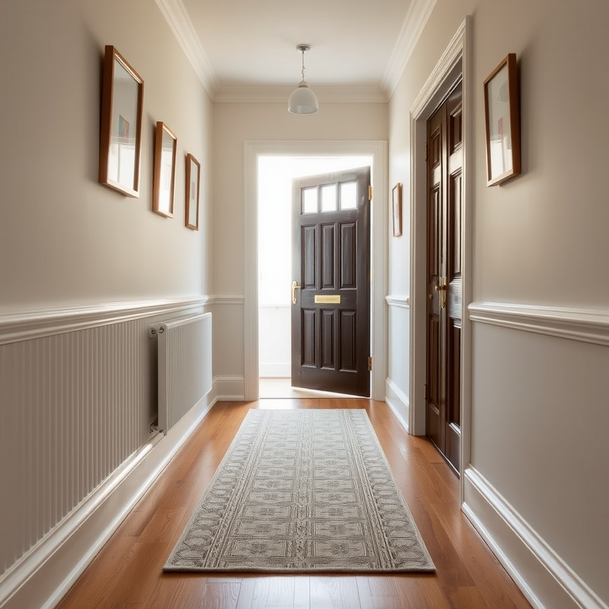 modern uk hallway with taupe runner rug, dado rail, and traditional front door