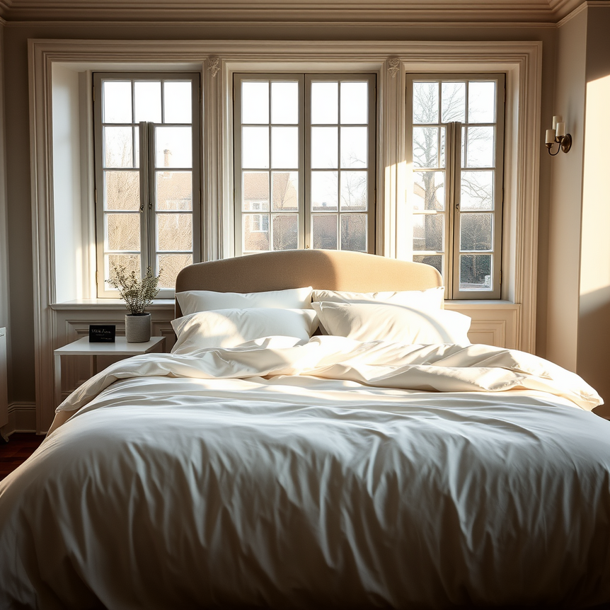 Luxurious Egyptian cotton duvet cover on a bed, showcasing softness and quality in a serene UK-inspired bedroom setting
