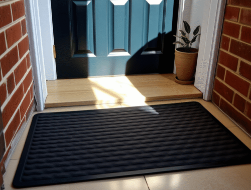 stylish rubber back door mat at entrance of modern uk home, clean and welcoming