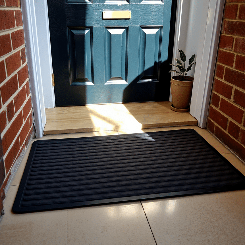 stylish rubber back door mat at entrance of modern uk home, clean and welcoming