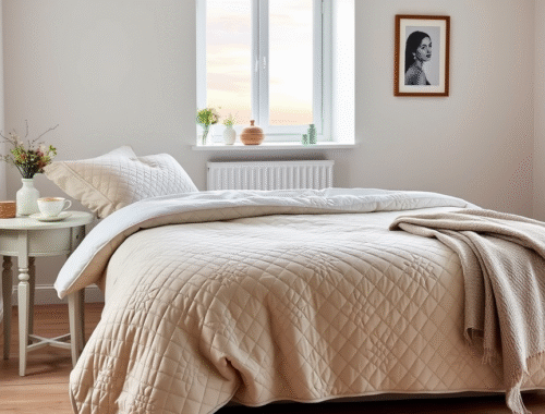 A beautifully styled bed in a UK home with a 3-piece quilt bedspread set, showing elements of both warmth and coolness to suggest year-round comfort.