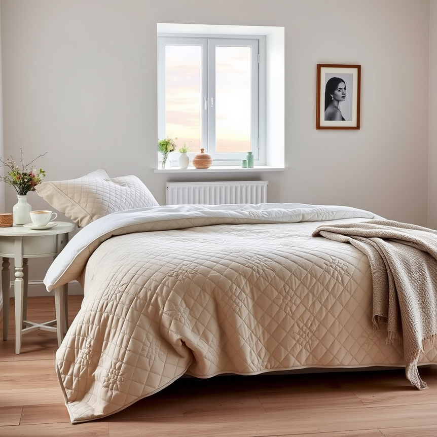 A beautifully styled bed in a UK home with a 3-piece quilt bedspread set, showing elements of both warmth and coolness to suggest year-round comfort.