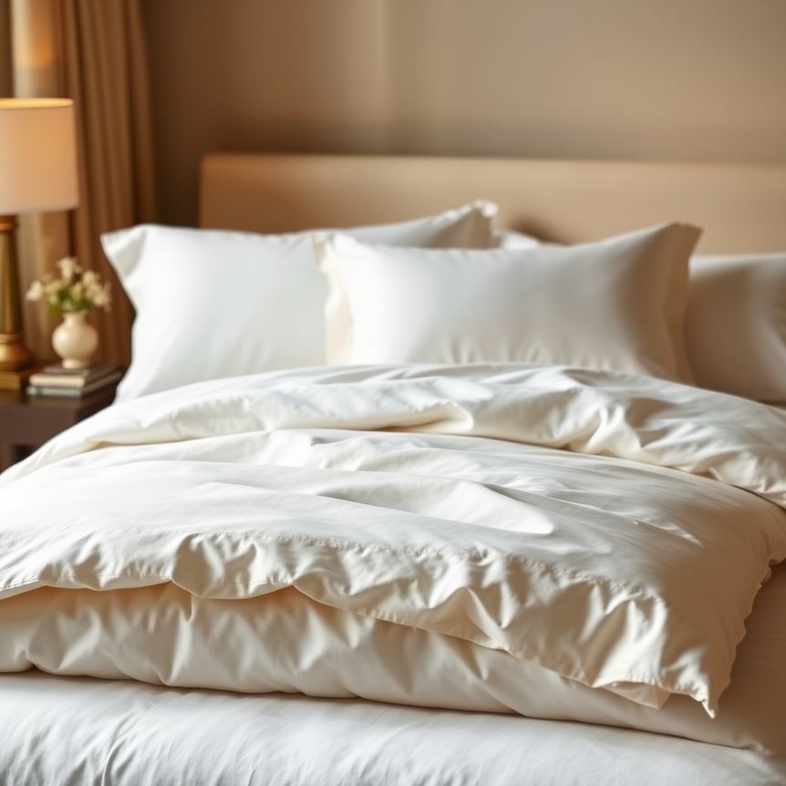 luxurious bedroom with soft egyptian cotton bedding in warm inviting light