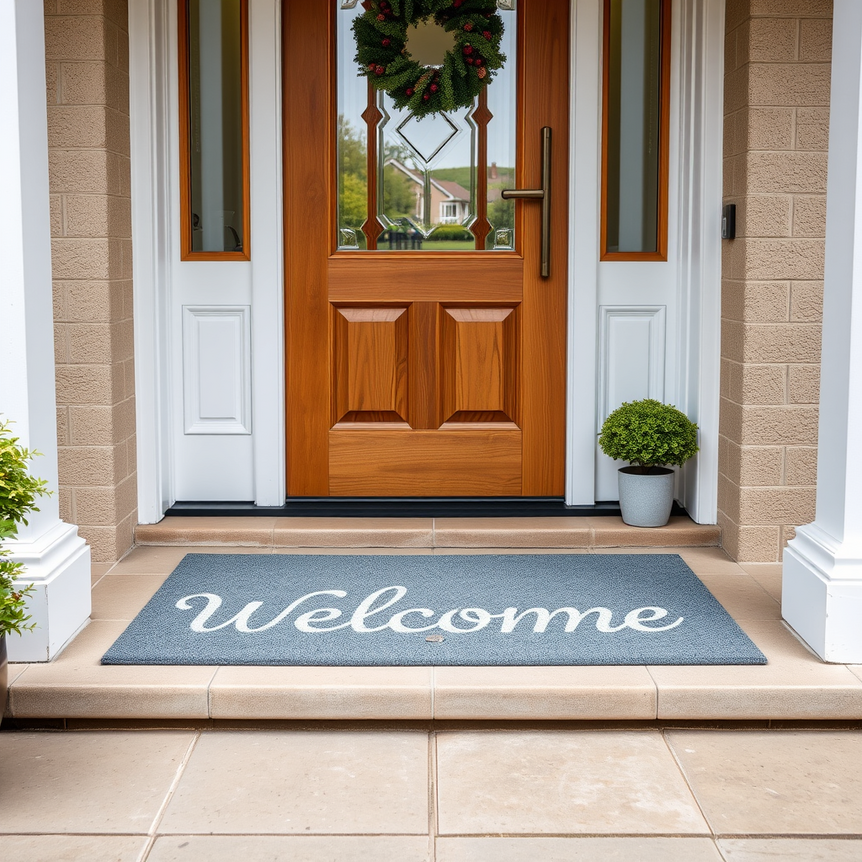Front door with perfectly sized barrier door mat