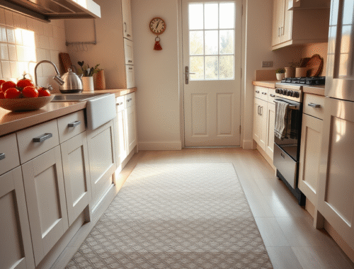 bright modern UK kitchen with durable runner rug near sink and fresh produce