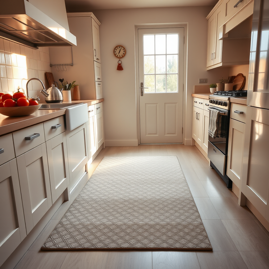 bright modern UK kitchen with durable runner rug near sink and fresh produce
