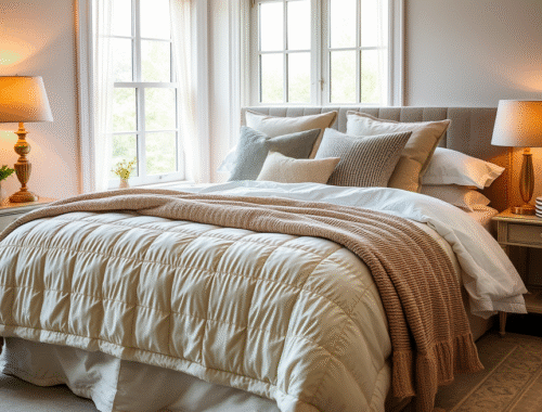 Cozy UK-style bedroom with a layered bed featuring quilted bedspread and soft lighting