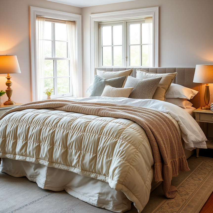 Cozy UK-style bedroom with a layered bed featuring quilted bedspread and soft lighting