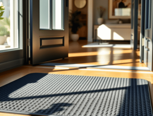 non-slip black rubber doormat on wooden doorstep at modern home entrance