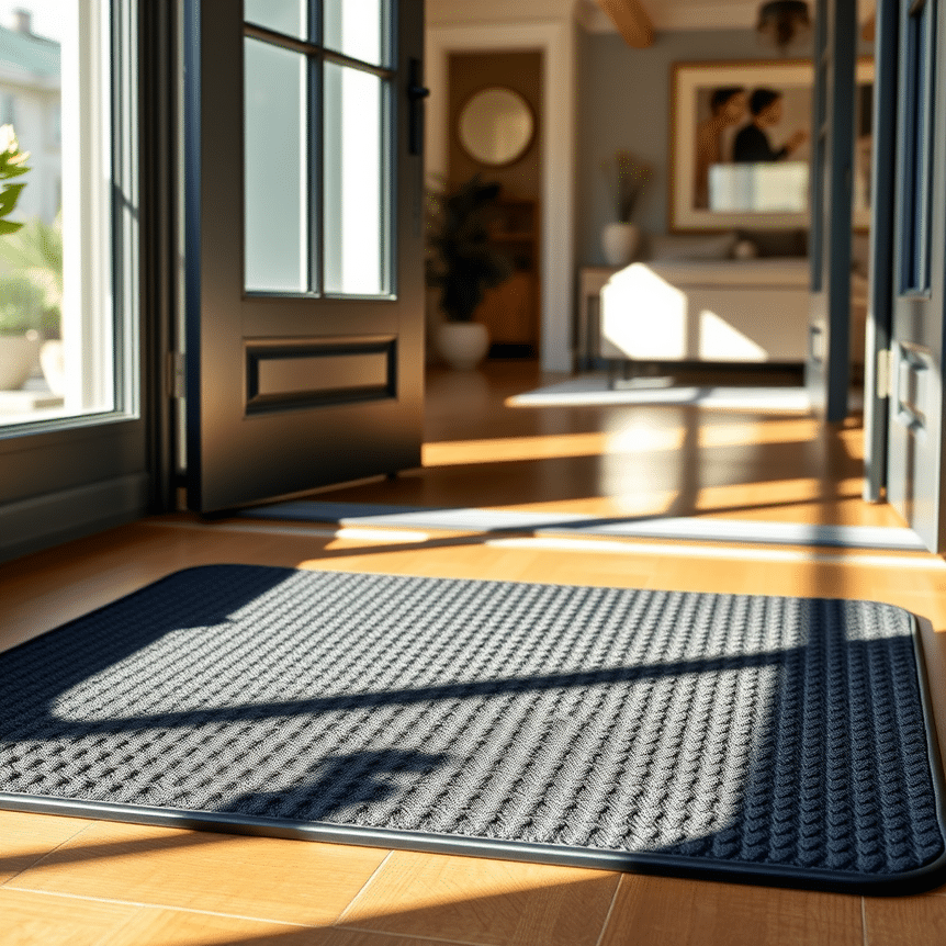 non-slip black rubber doormat on wooden doorstep at modern home entrance