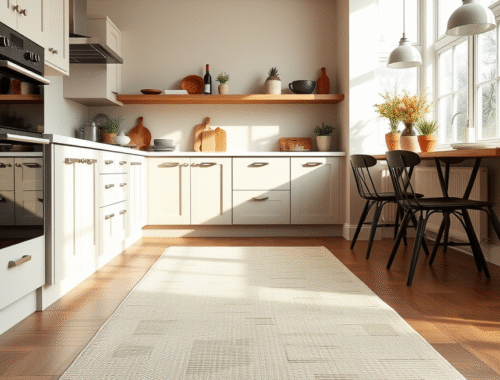 bright uk kitchen with durable runner rug and modern home decor, natural light