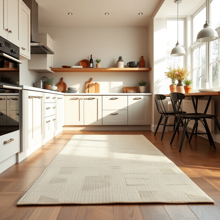 bright uk kitchen with durable runner rug and modern home decor, natural light