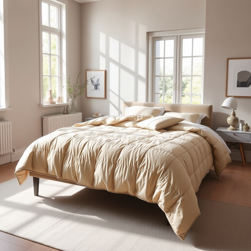 cozy bedroom with neutral quilt bedspread in modern uk style with natural light