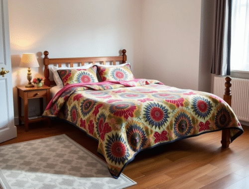 uk bedroom with vibrant quilt bedspread, warm lighting, window, and bedside lamp