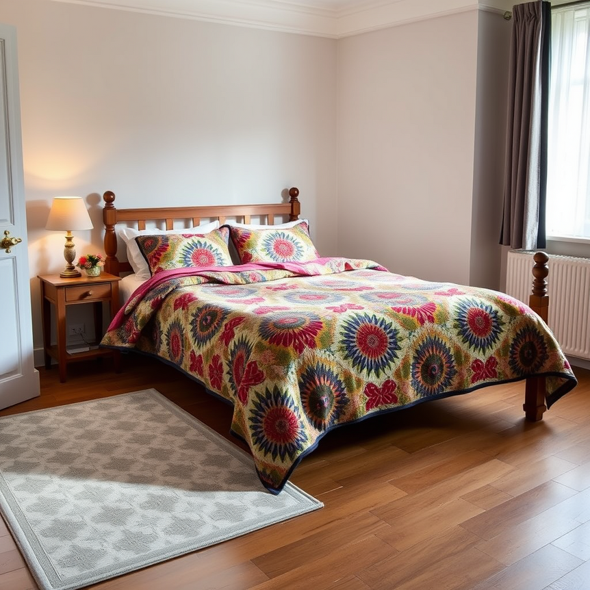 uk bedroom with vibrant quilt bedspread, warm lighting, window, and bedside lamp