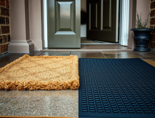 front entrance with rubber and coir door mats side by side on damp porch