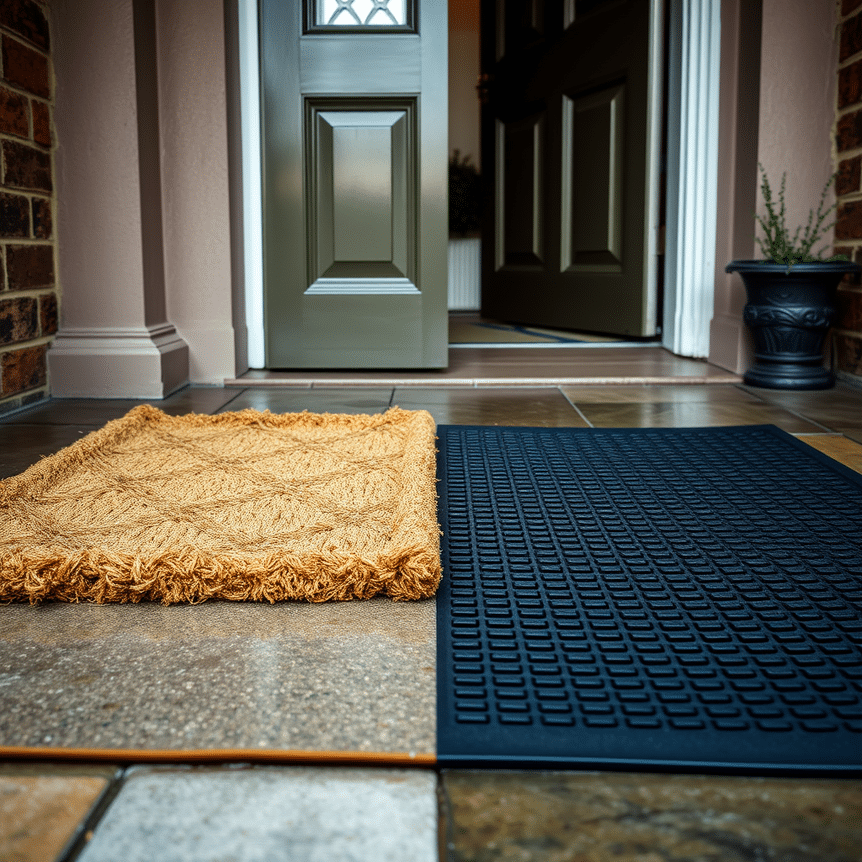 front entrance with rubber and coir door mats side by side on damp porch