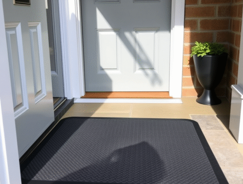 High-quality rubber-backed doormat at a modern UK home entrance, showing durability and effectiveness in trapping dirt for busy UK entrances.