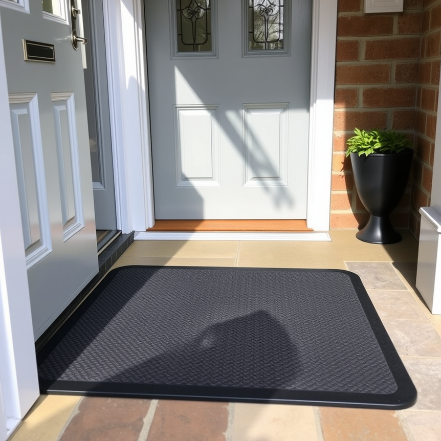 High-quality rubber-backed doormat at a modern UK home entrance, showing durability and effectiveness in trapping dirt for busy UK entrances.