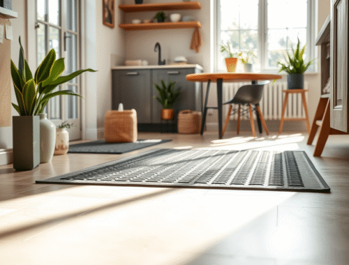 close-up of eco-friendly textured rubber mat in modern uk home entryway with plants
