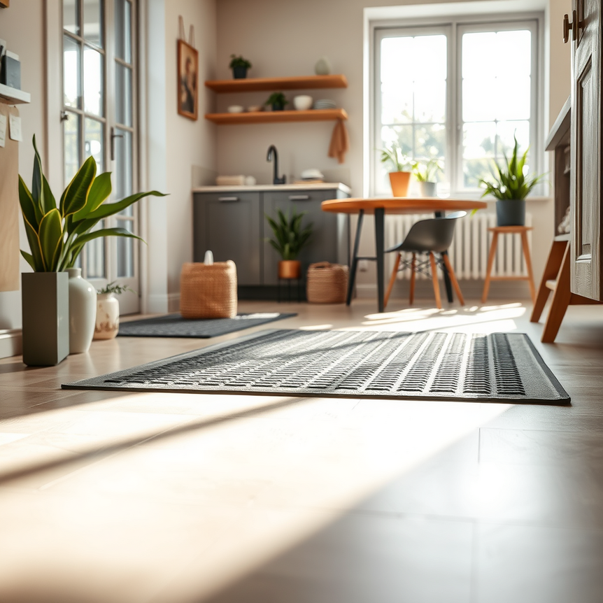 close-up of eco-friendly textured rubber mat in modern uk home entryway with plants