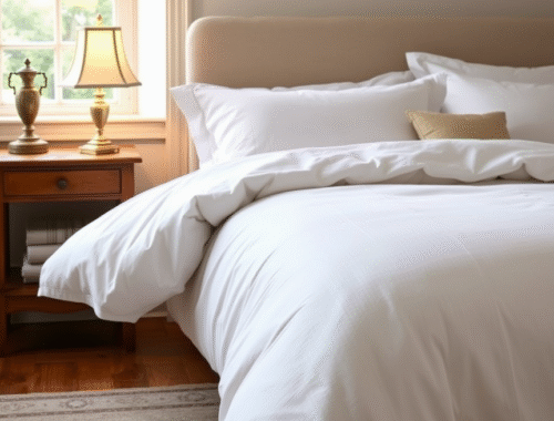 luxurious white egyptian cotton duvet cover on bed in serene uk style bedroom