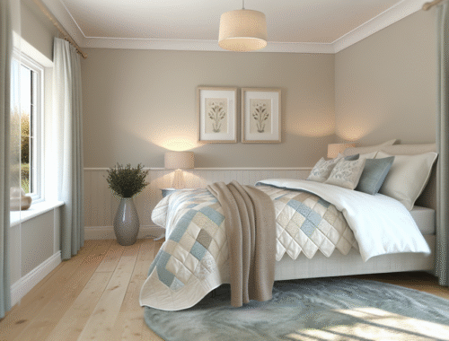 stylish guest bedroom with a quilt bedspread set and warm natural lighting