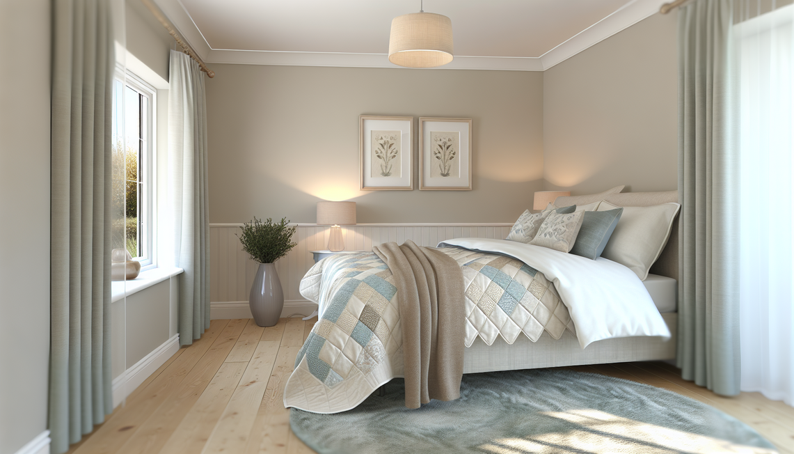 stylish guest bedroom with a quilt bedspread set and warm natural lighting