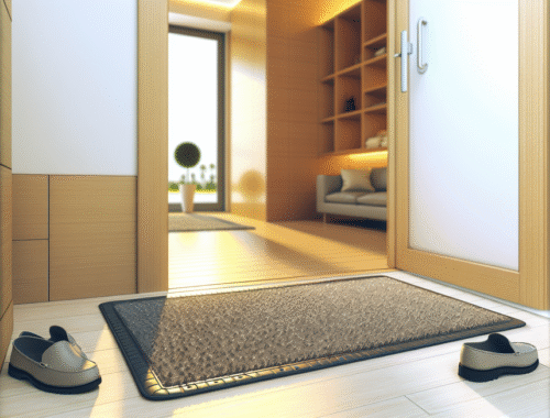 Clean home entryway with a durable rubber backed mat reducing floor dirt
